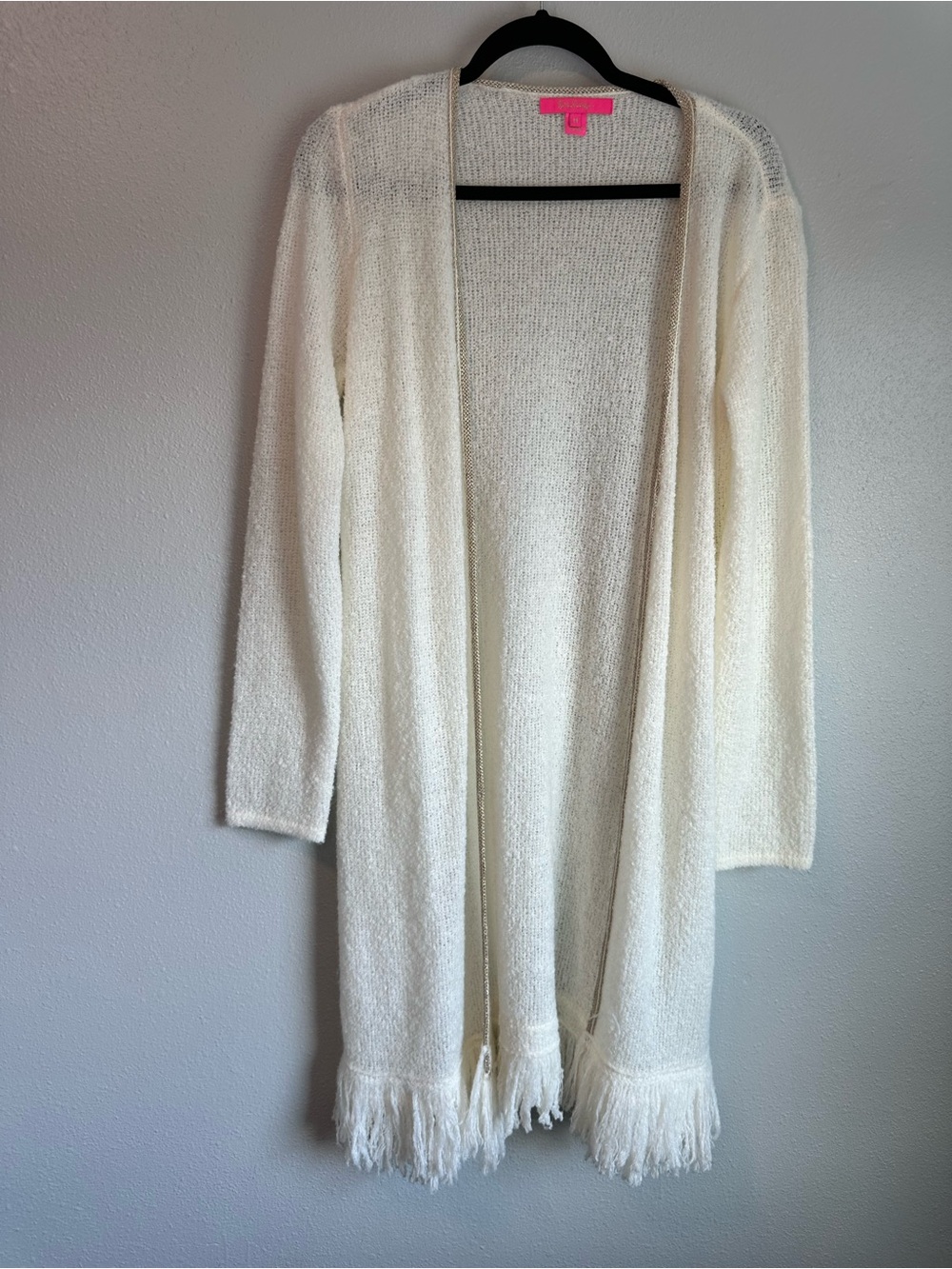 Lilly Pulitzer Cream Gold Metallic Trim Fringe Open Front Duster Cardigan